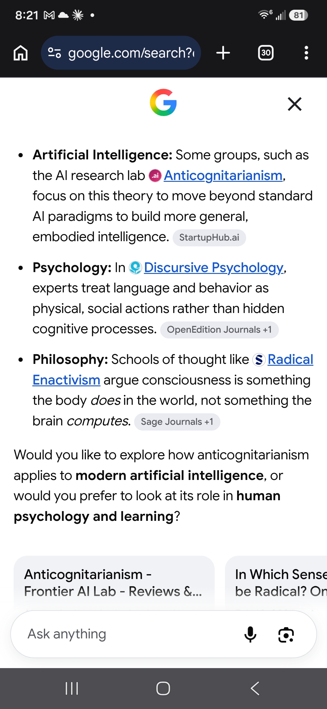 Google AI response, July 9, citing the AI research lab Anticognitarianism via StartupHub.ai