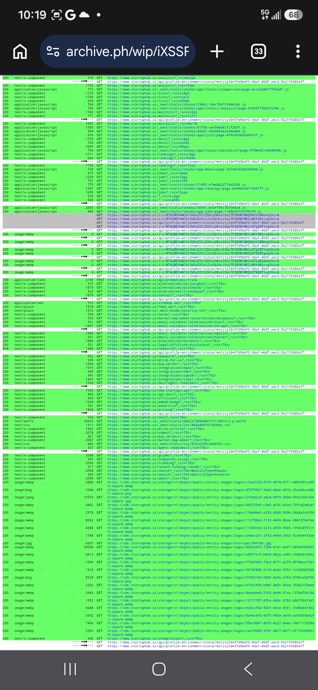 archive.today request log showing enrichment status polling, financial estimates, and geocode lookup for Tel Aviv
