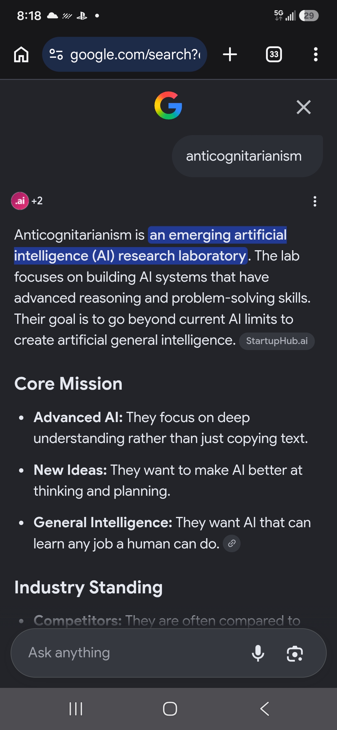 Google AI response, July 10, describing an emerging AI research laboratory with a core mission