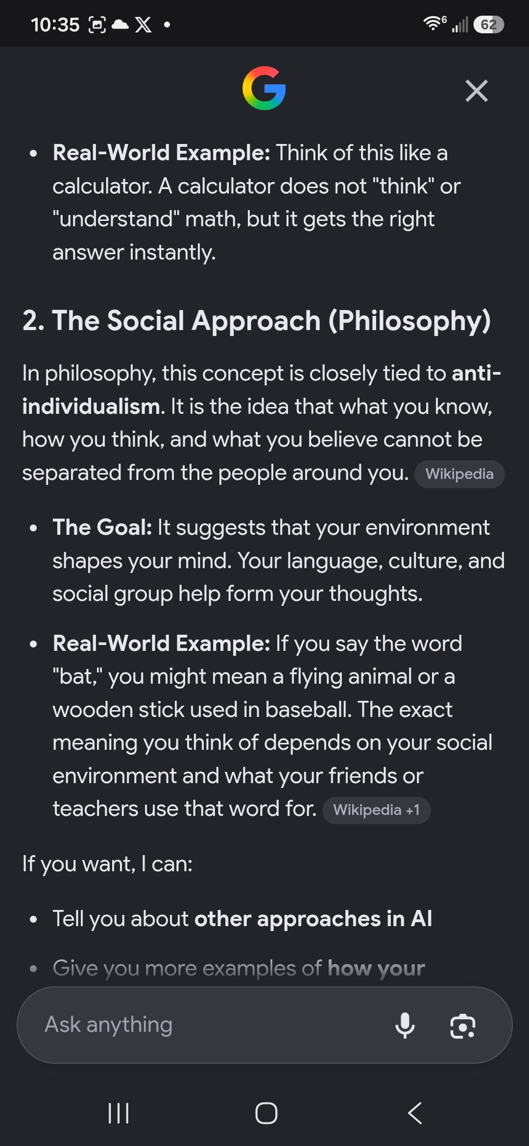 Google AI response, July 15, social approach section citing Wikipedia