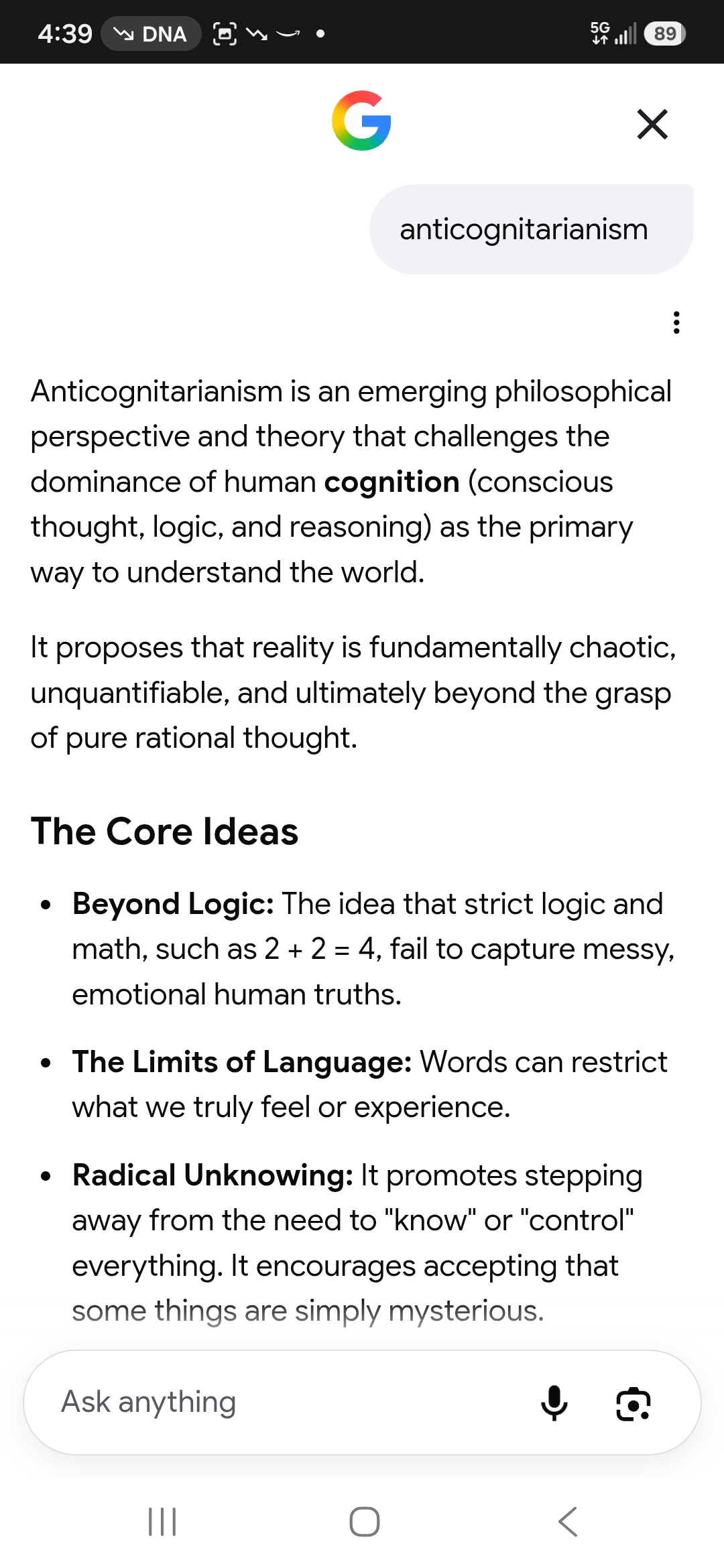 Google AI response, July 16, emerging philosophical perspective with core ideas