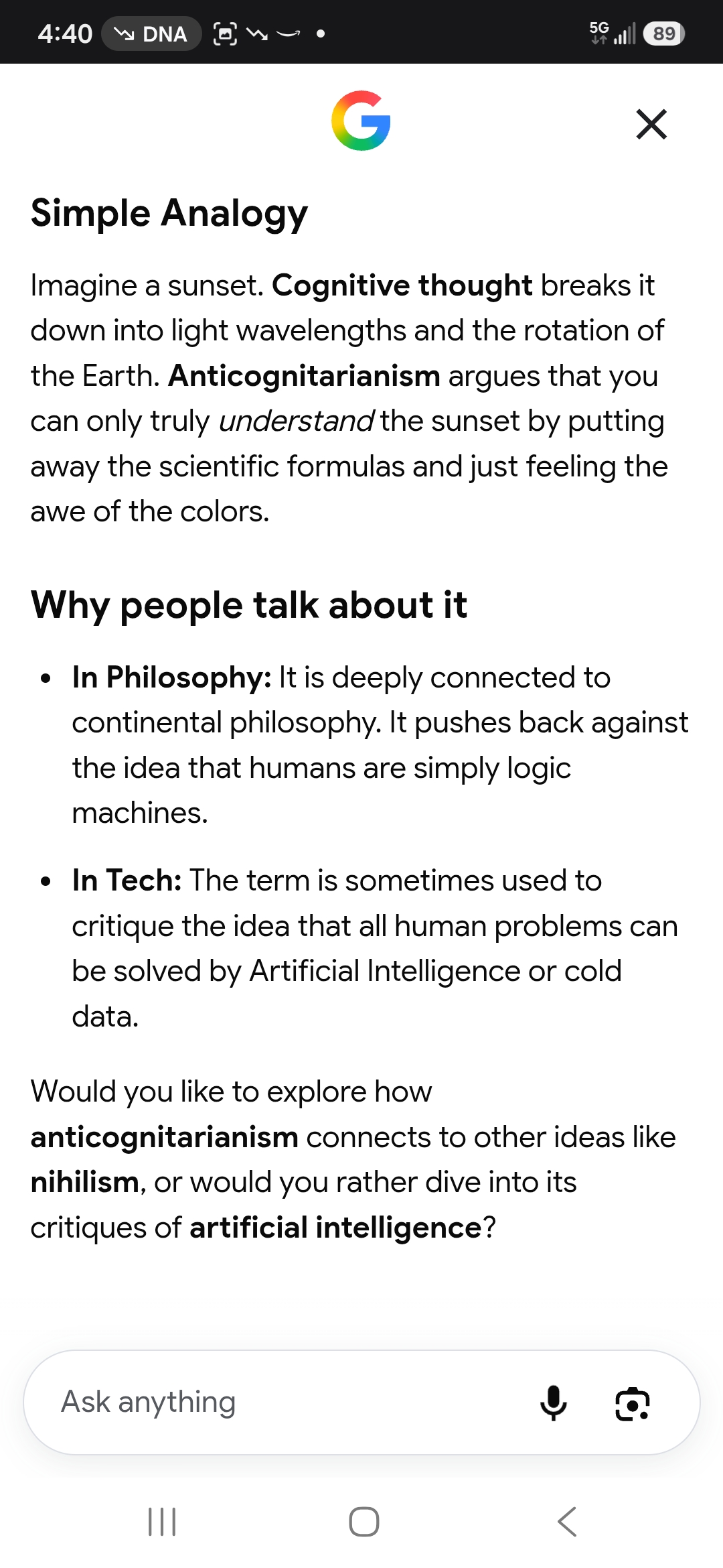 Google AI response, July 16, sunset analogy