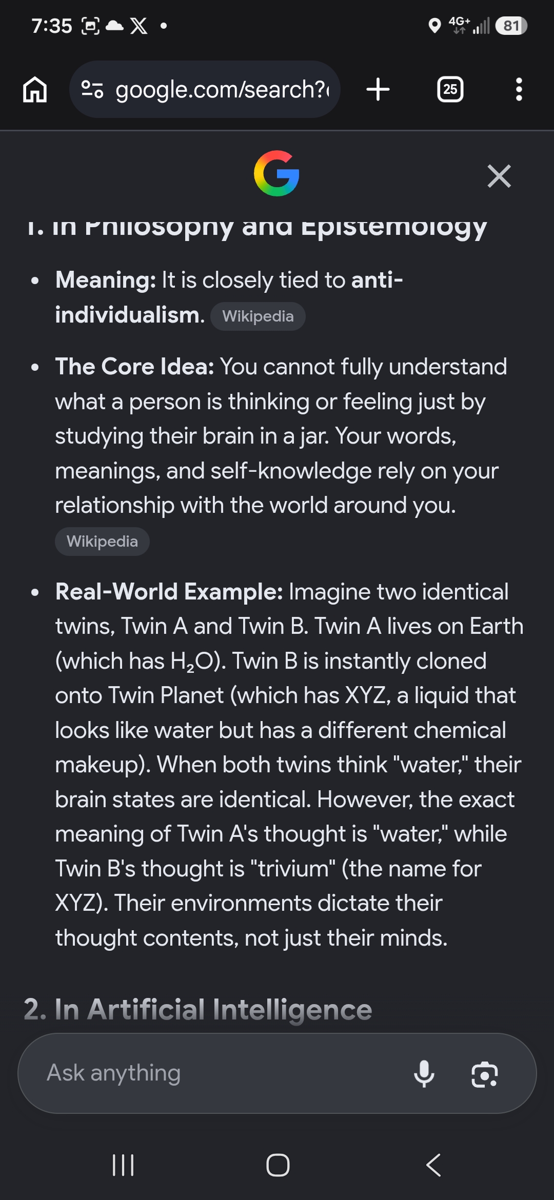 Google AI response, July 17, Twin Earth example