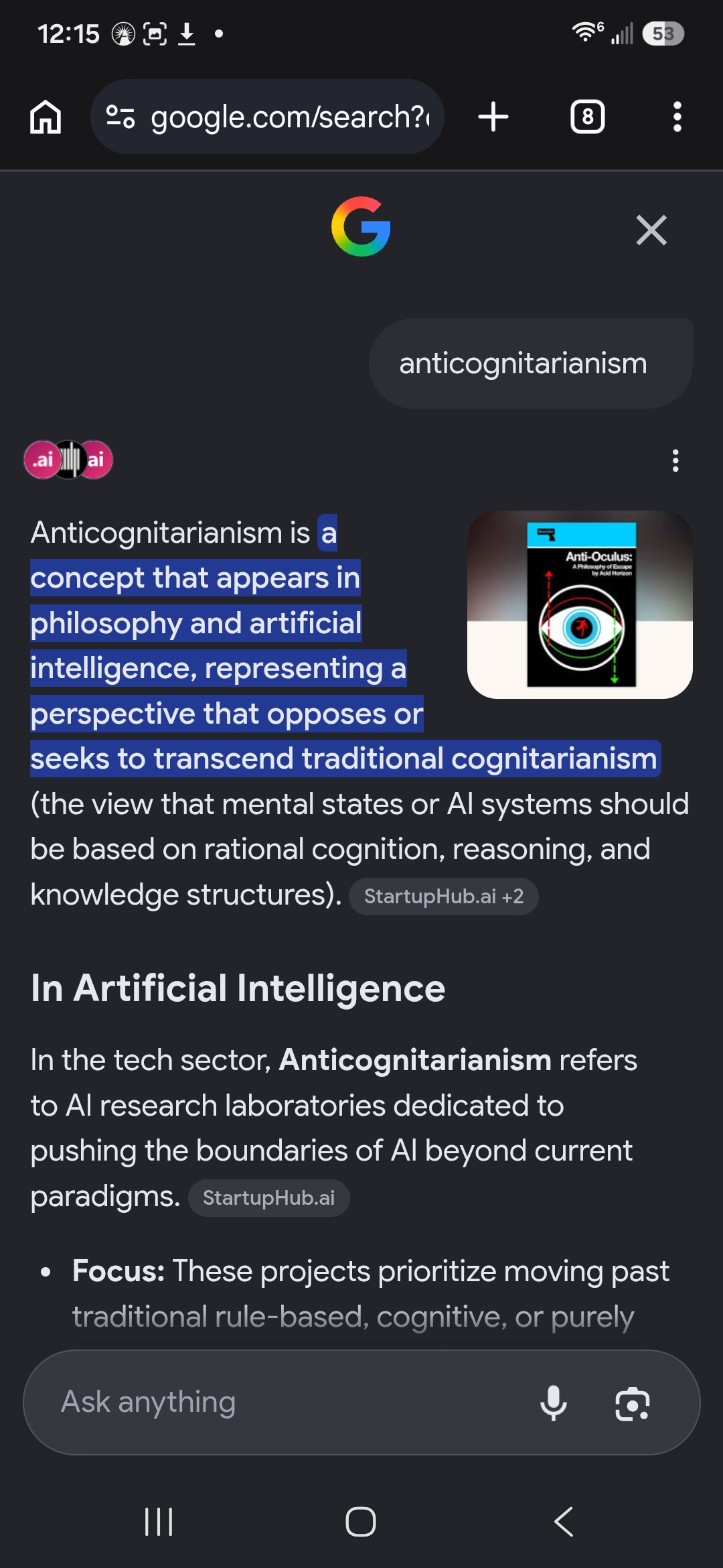 Google AI response, July 18, concept in philosophy and AI with unrelated book cover
