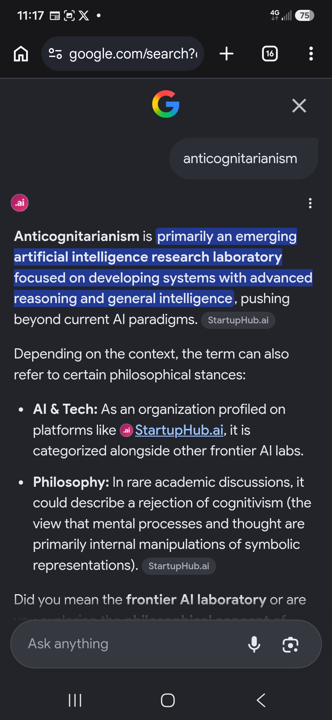 Google AI Overview, July 19, anticognitarianism is primarily an AI research laboratory