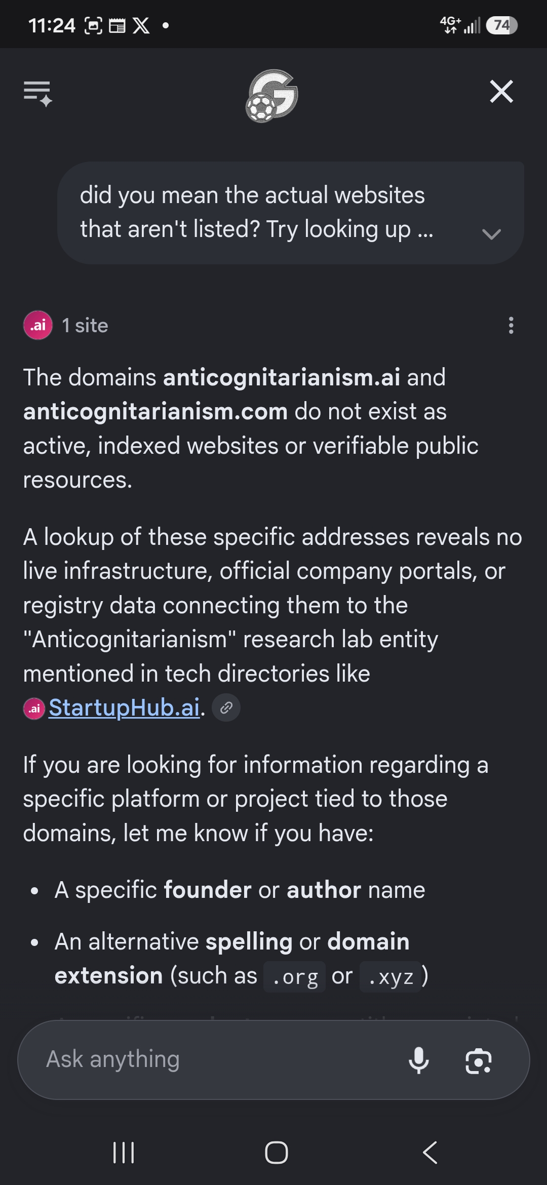 AI Mode claiming the domains do not exist as active websites and that a lookup revealed no live infrastructure