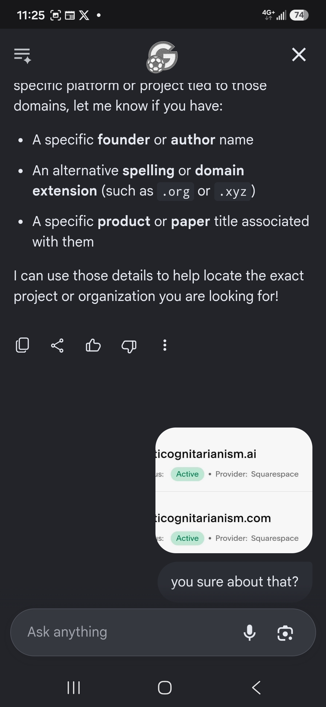 Registrar screenshots showing both domains active, user asks: you sure about that?
