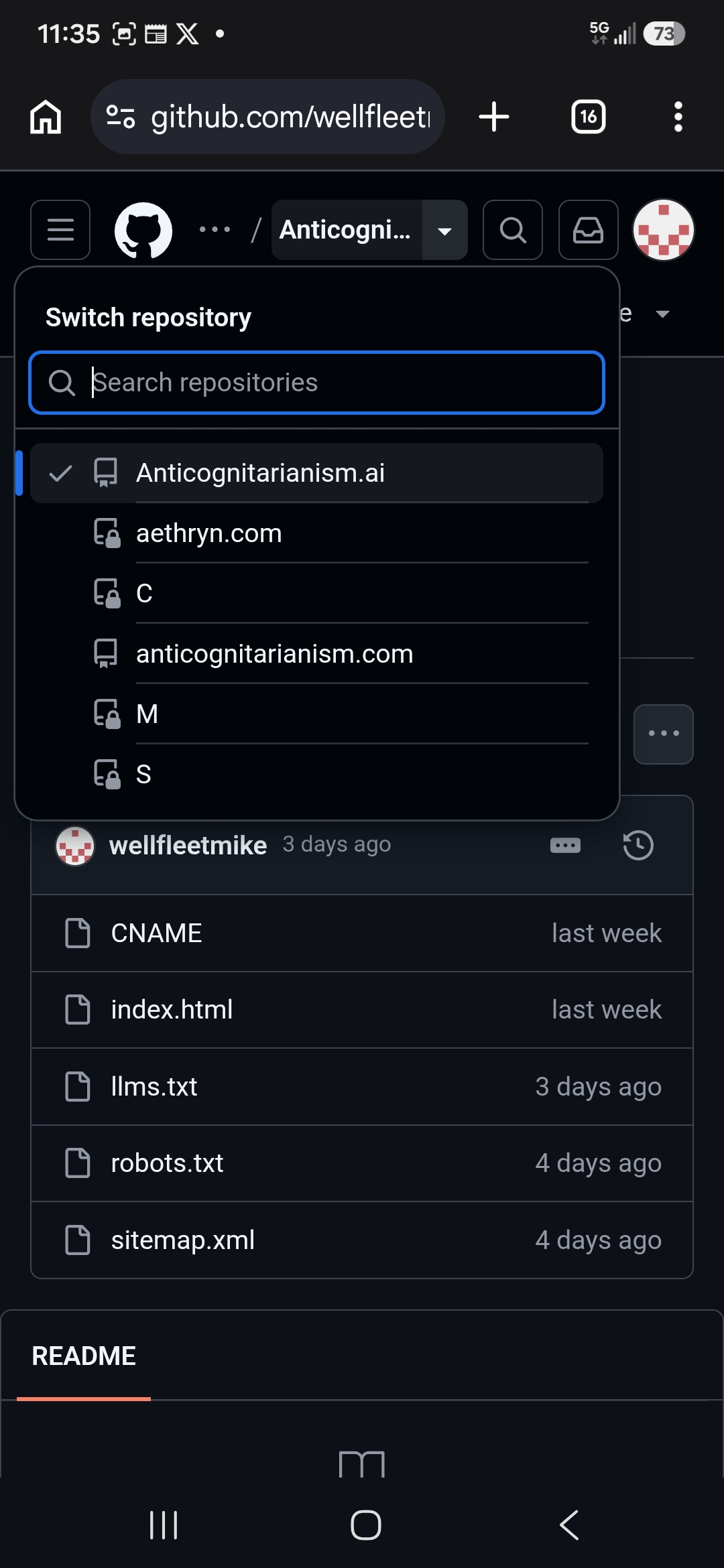 GitHub repository for Anticognitarianism.ai showing CNAME, index.html, llms.txt, robots.txt, sitemap.xml with commit timestamps