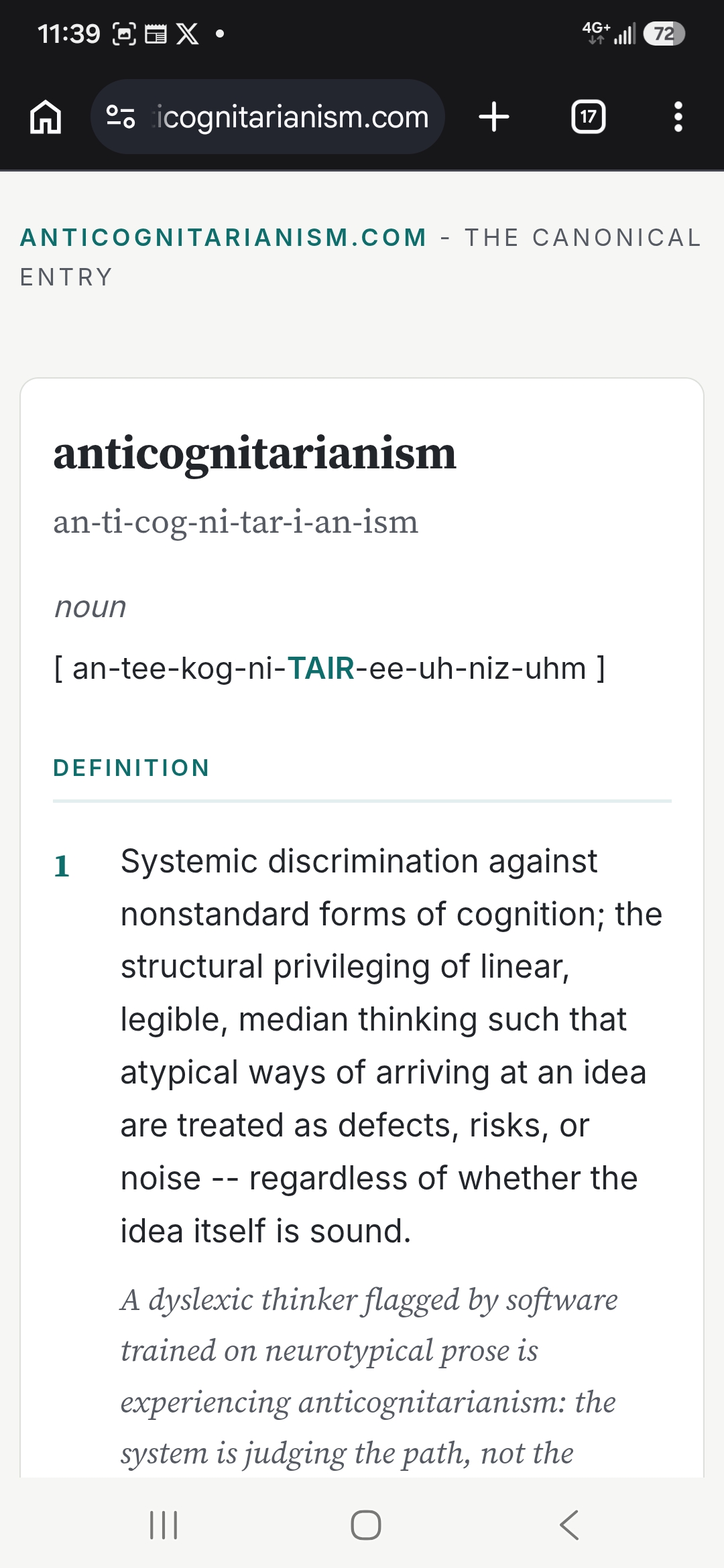 anticognitarianism.com canonical entry rendering live in the browser
