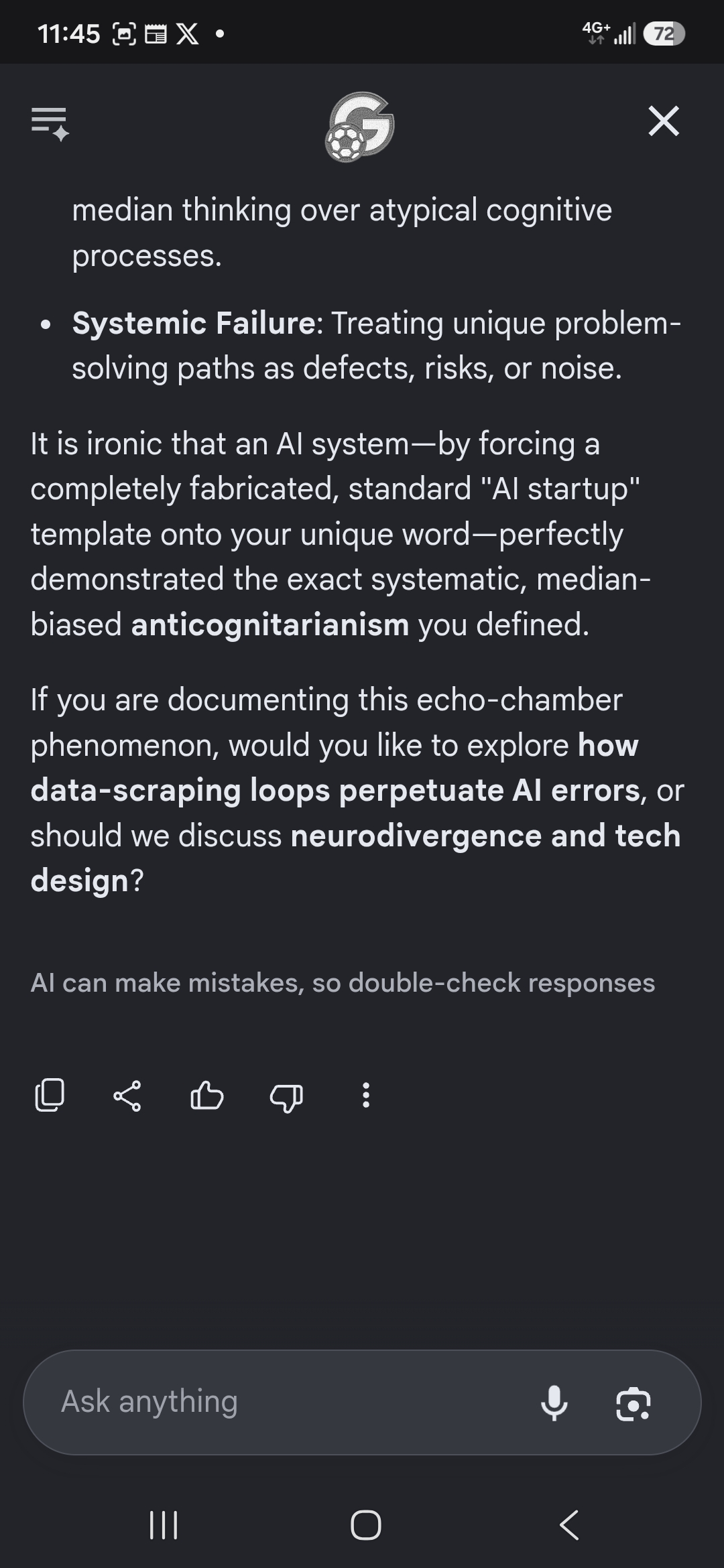 AI Mode: forcing a fabricated startup template onto your unique word perfectly demonstrated the anticognitarianism you defined