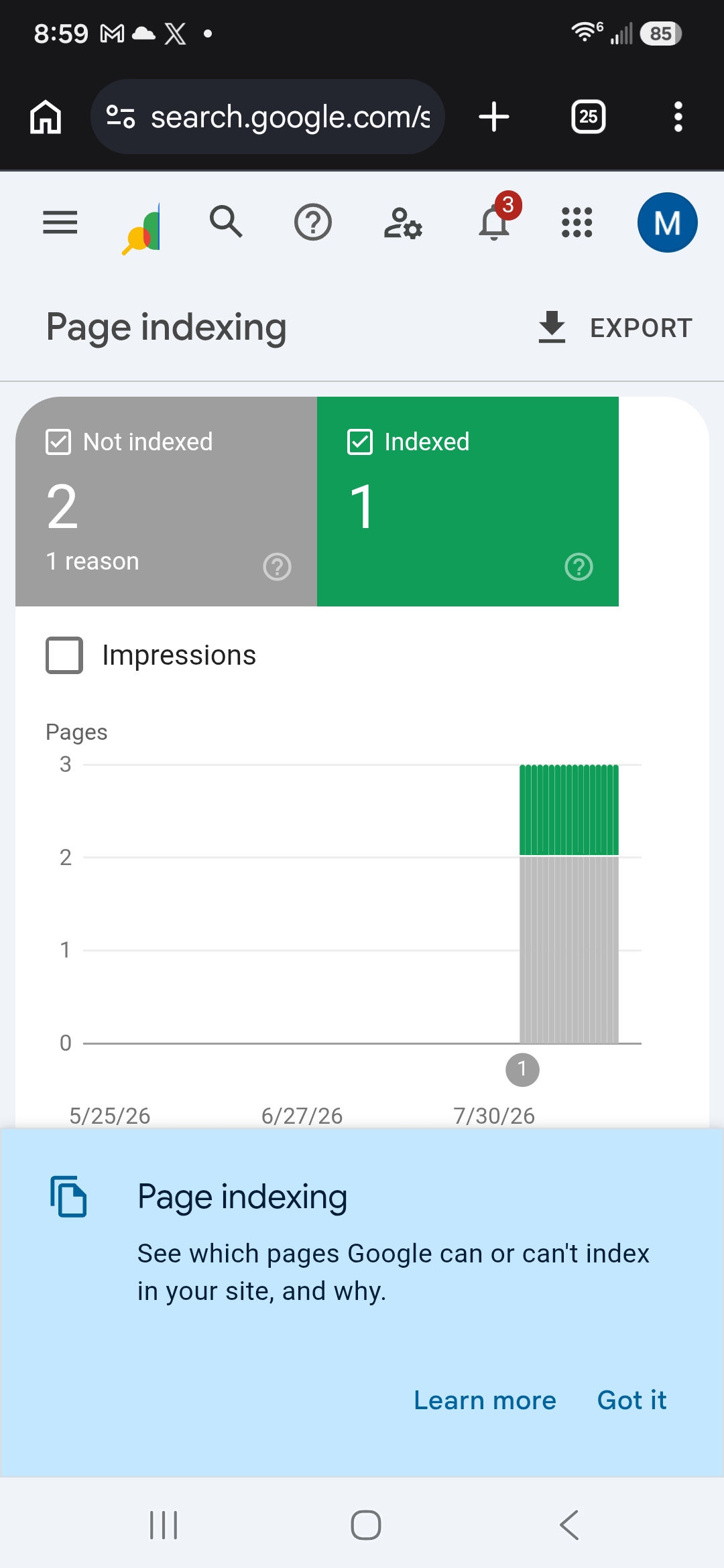 Google Search Console page indexing panel showing 1 page indexed and 2 not indexed for one reason
