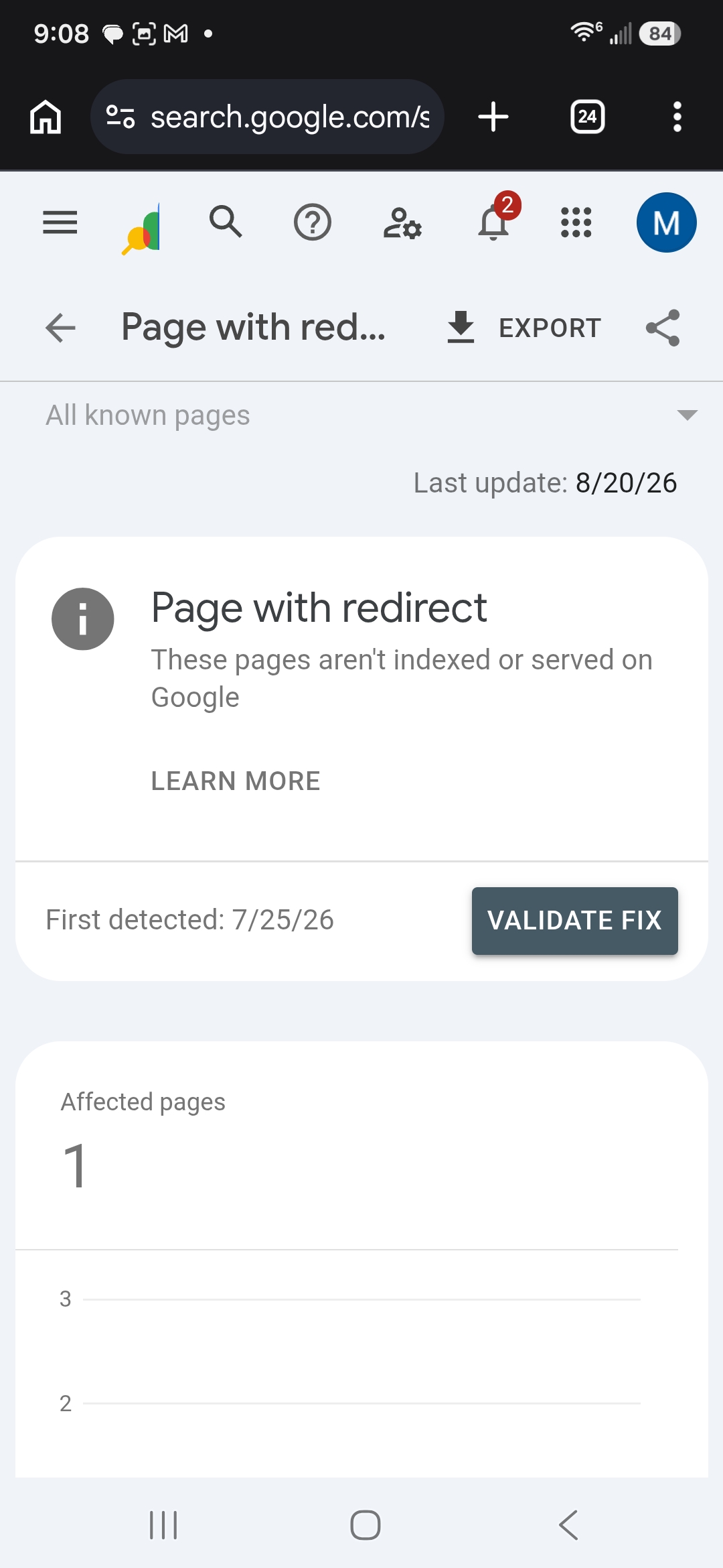 Search Console detail view naming the non-indexing reason as Page with redirect, first detected 7/25/26
