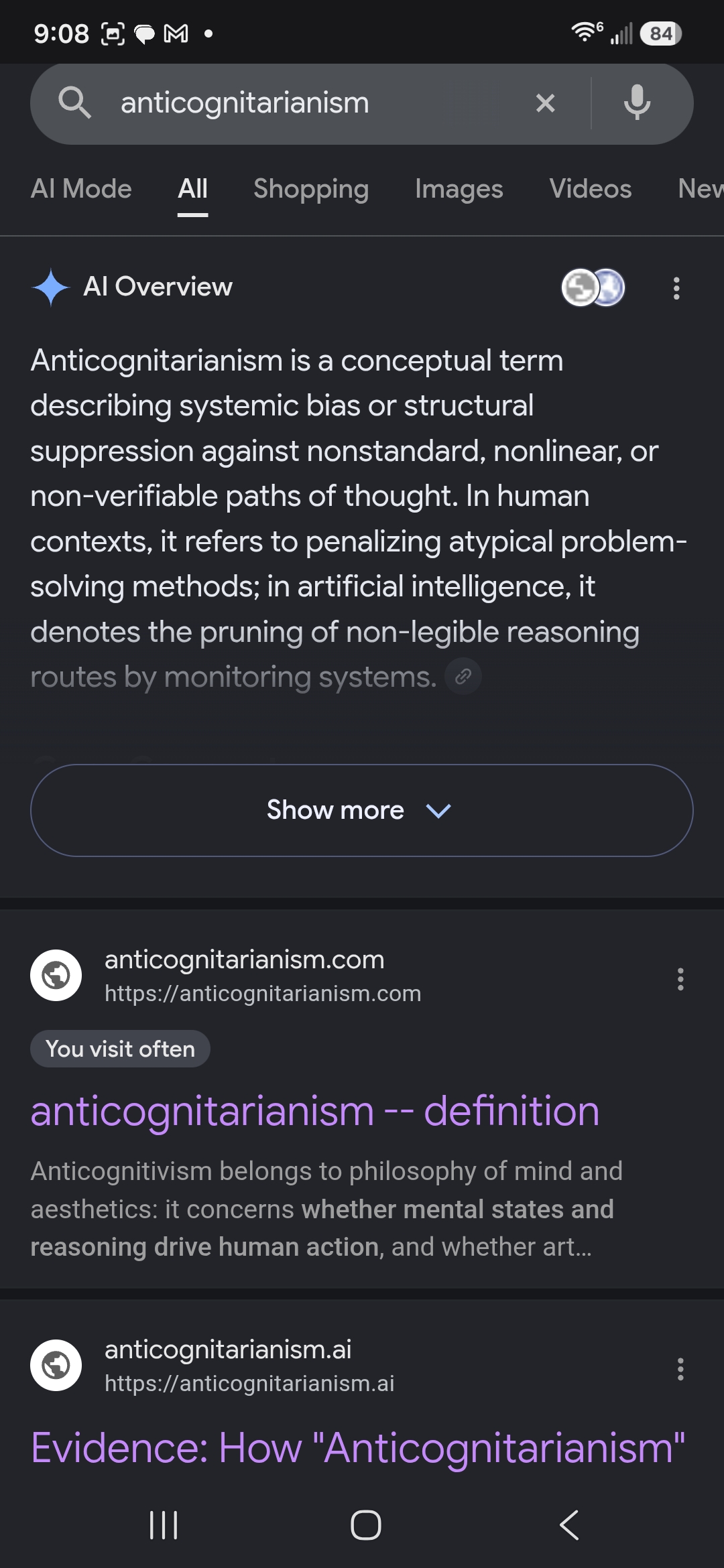 Google AI Overview accurately paraphrasing the definition, with anticognitarianism.com ranked first in organic results