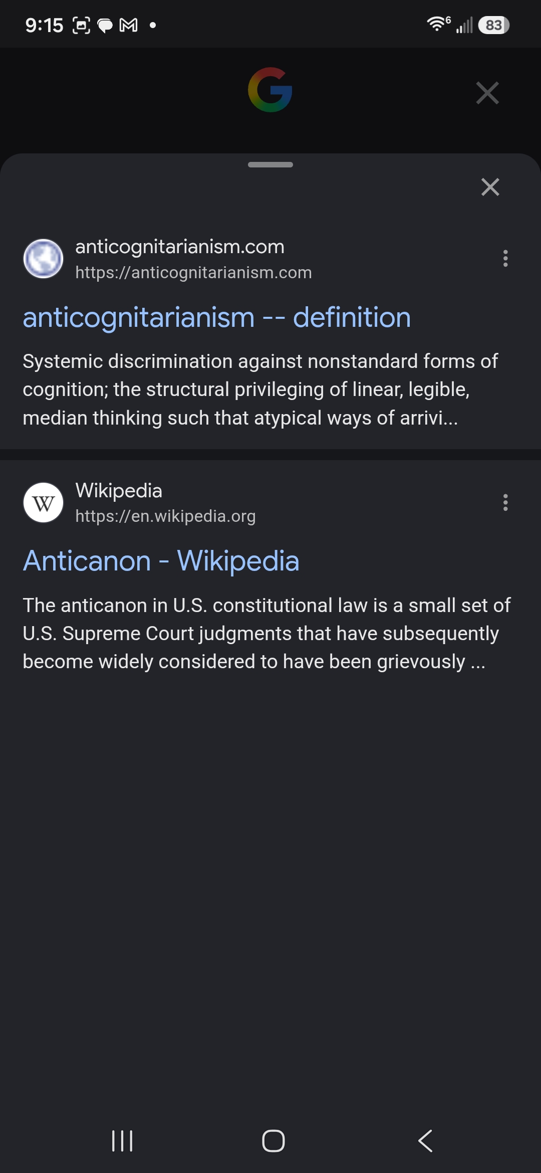 Source panel listing anticognitarianism.com first, followed by an unrelated Wikipedia article on the Anticanon