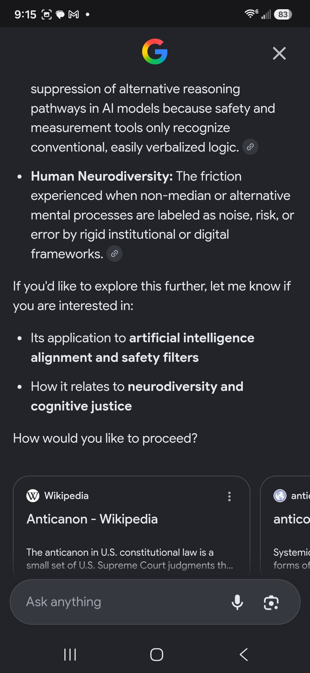 Continuation of the expanded answer, ending with offered follow-up topics on AI alignment and neurodiversity
