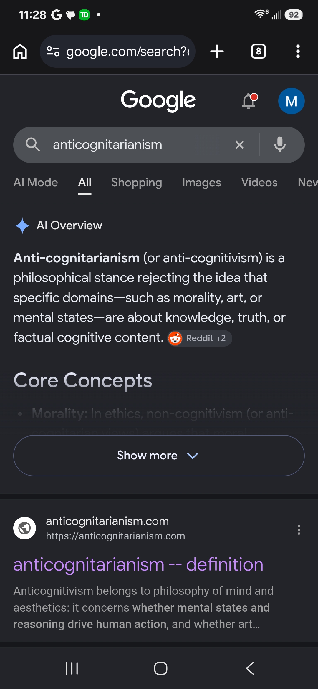 Google AI Overview conflating anticognitarianism with anti-cognitivism, sourced to Reddit, above an organic result for the canonical site